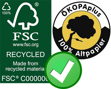 Die auf dem Bild gezeigten Papierlogos "FSC Recycled" und "ÖKOPAplus" sind empfehlenswert.